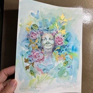 Original Painting woman Whimsical Art Portrait Floral Butterflies Artettina USA